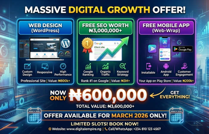 Web Design (WordPress) + Free SEO Worth ₦3,000,000+ — Now Only ₦600,000 (Plus a Free Mobile App!)